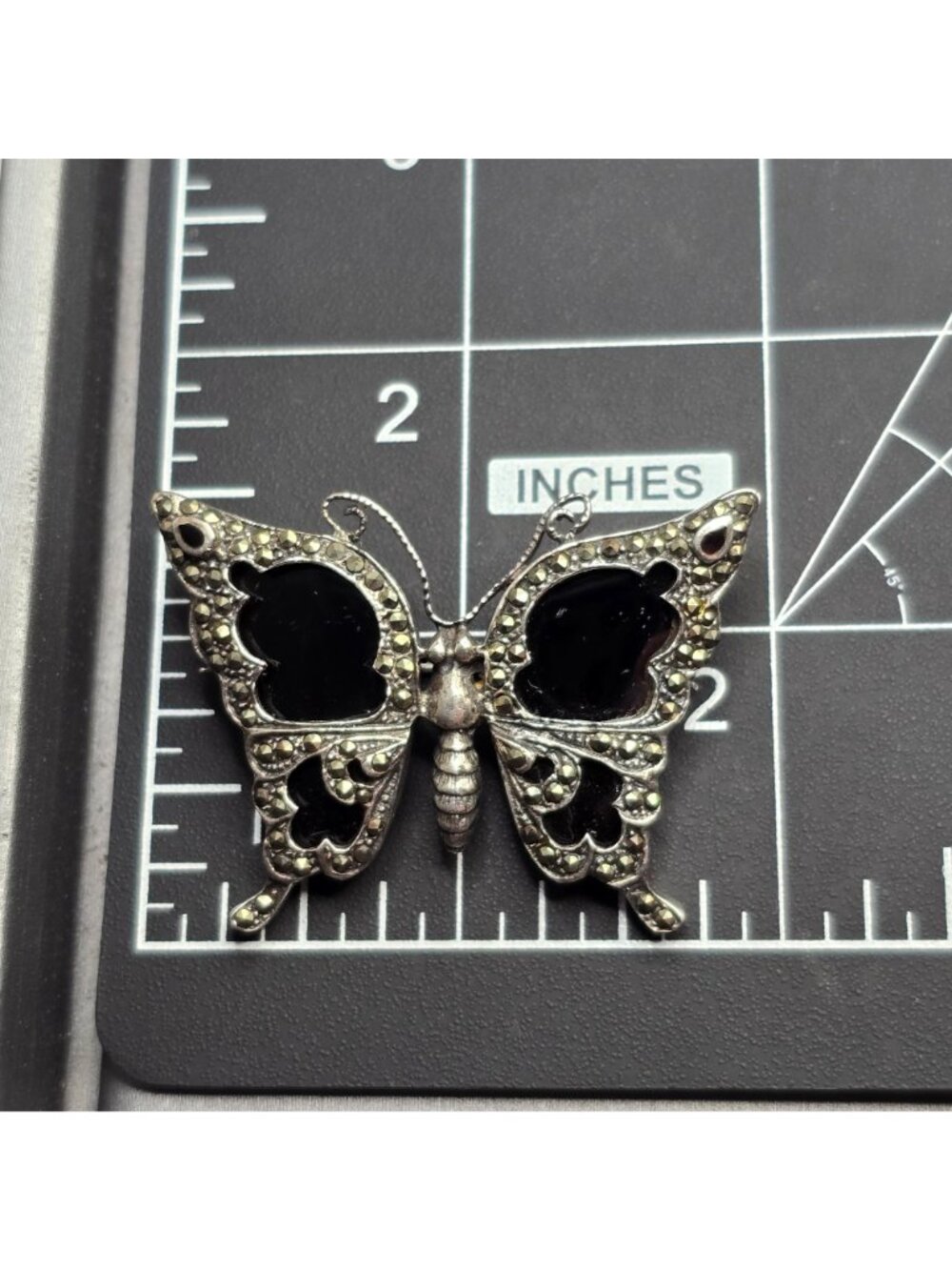 Vintage Sterling Silver Butterfly Brooch 2" Onyx Wings Marcasite Statement Piece - Picture 9 of 11
